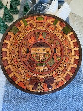 Vintage Wooden Aztec Mayan Mexico Calendar Hand Carved Inlay Wood Art 12”